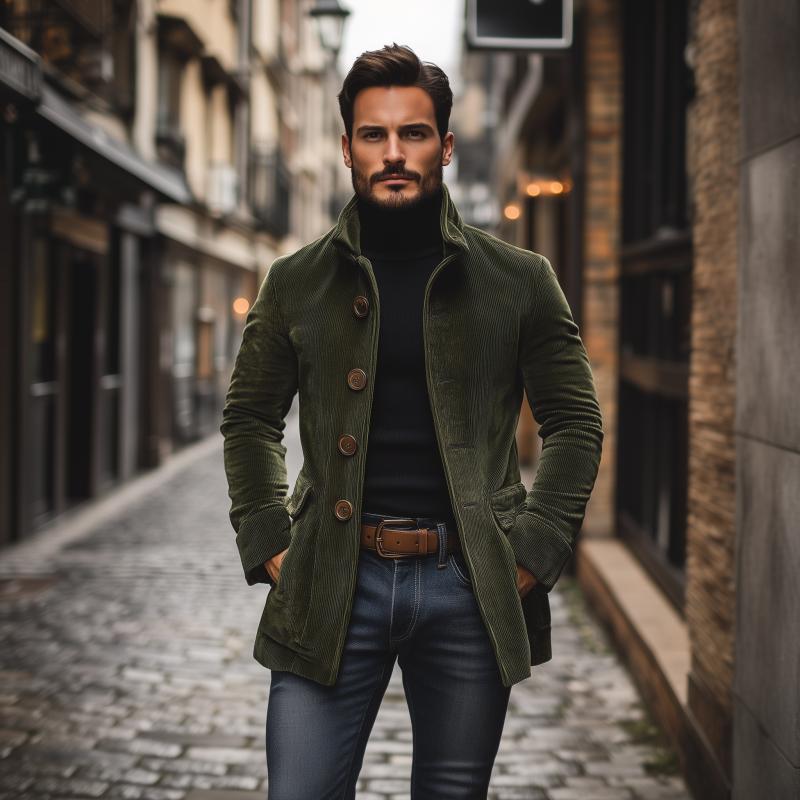 Jasper Men's Corduroy Coat – Slim Fit with Stand Collar & Elegant Side Pockets