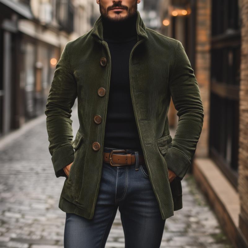 Jasper Men's Corduroy Coat – Slim Fit with Stand Collar & Elegant Side Pockets